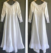 Vintage 1970s ILGWU White Satin Wedding Dress Empire Waist Lace Trim Seed Pearls