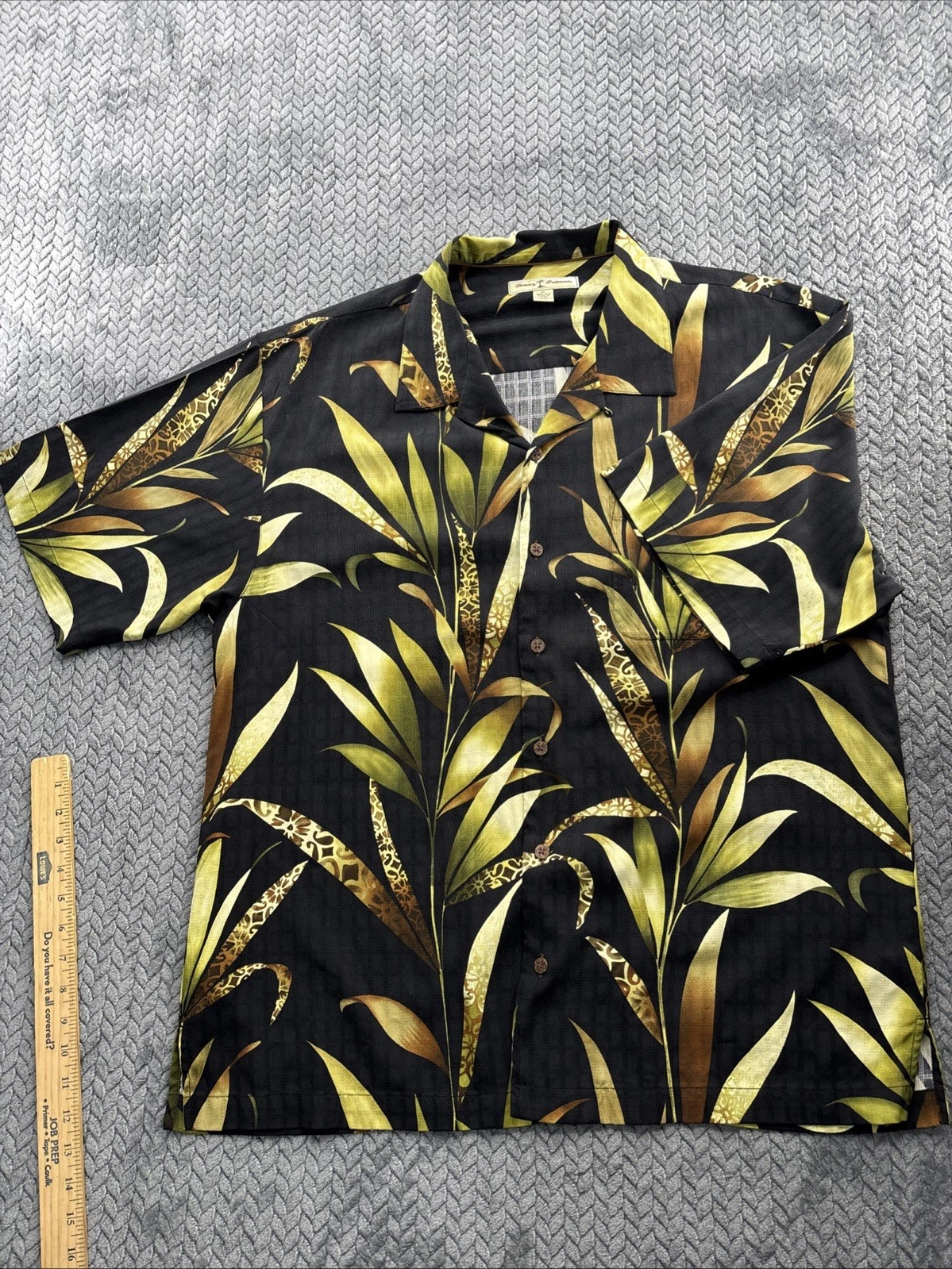 Tommy Bahama 100% Silk Hawaiian Shirt Mens XL Black Green Palm Print Camp Shirt