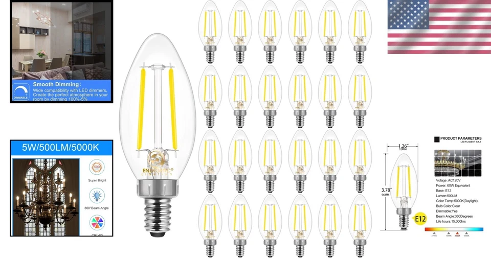 Elegant B10 Candle Shape Dimmable LED Bulbs, 24 Pack, Instant Brightness, E12 - Image 2 of 4