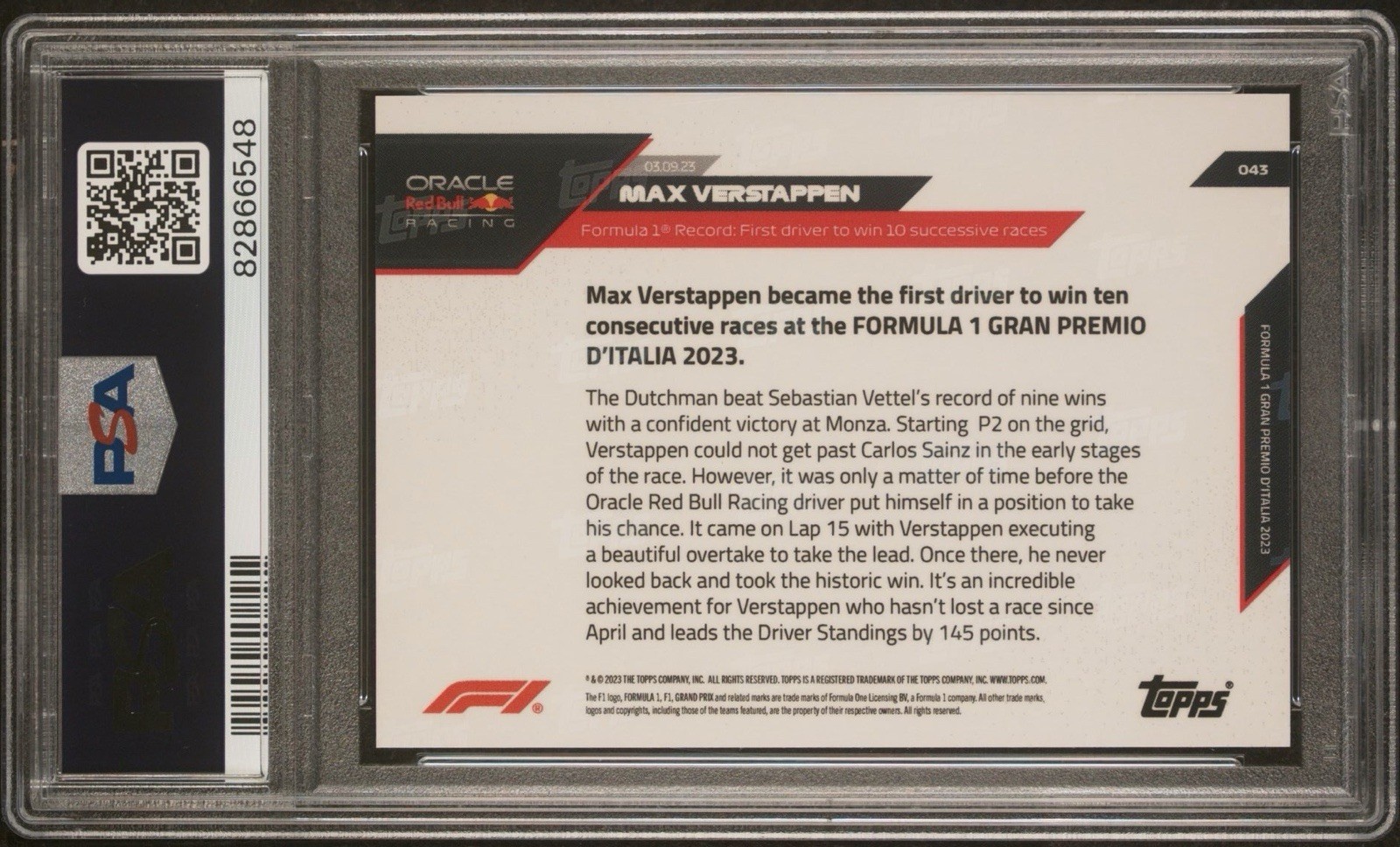 Max Verstappen 2023 Topps Now F1 #43 10 Consecutive Wins Record PSA 10 Red Bull view 2