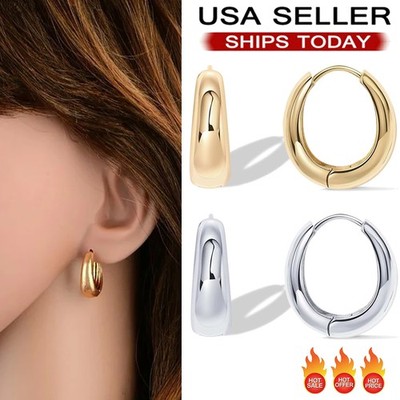 Women Chunky Hoop Earrings Hypoallergenic Geometry Silver Plated Earrings Gifts