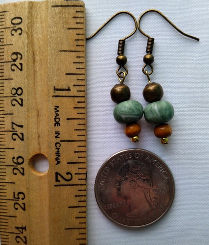 Antiqued Bronze Tone Green Bead Stick Drop Hook Earrings Handmade Boho Chic Mod - Picture 8 of 8
