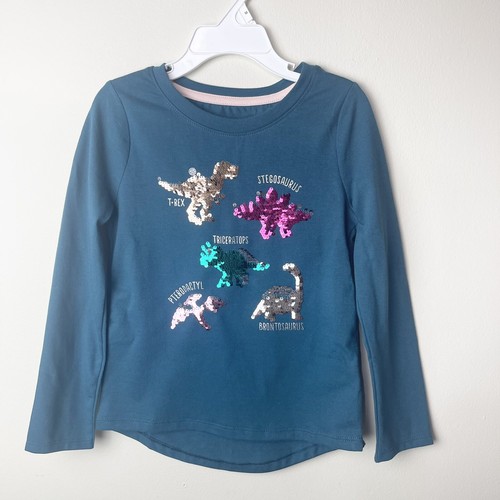 Cat & Jack Girls Long Sleeve Flip Sequin Dinosaurs T-Shirt Fits Size 4-5 Teal XS - Picture 2 of 8