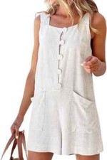 Women Shorts Overall Front Button Cotton Linen Summer Wide Leg Shorts Romper