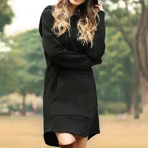 Women's Long Sleeve Hooded Hoodie Sweatshirt Casual Loose Pullover Mini Dress - Picture 10 of 17