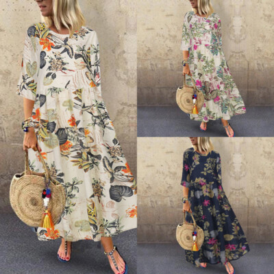 UK Women Round Neck 3/4 Sleeve Long Dress Holiday Beach Party