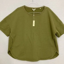 New Max Studio Green Crew Neck Waffle Textured Knit Relaxed Fit Top Large