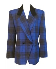 VTG Kasper And Co. ASL Sz 12 Blue Plaid Wool Blend Blazer Jacket Velvet Collar