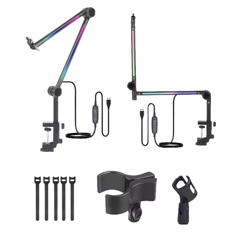 Microphone Boom Arm Multi Directional Adjustable Mic Stand with Light-image