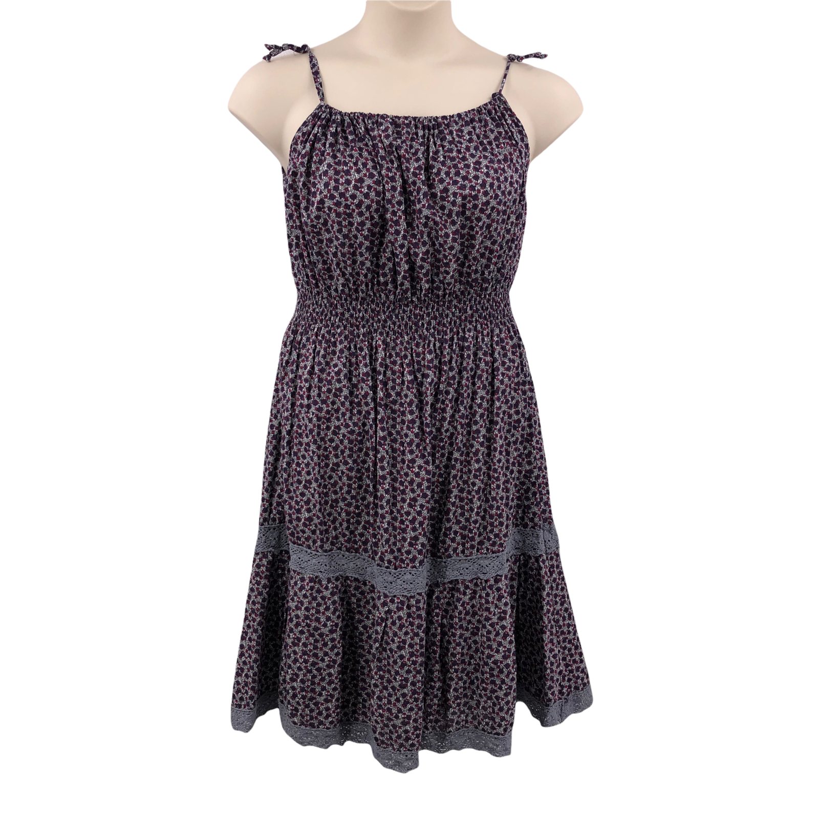 Pop England Sundress Womens Size 2 Gray Purple Floral Boho Mixed Print Retro-image