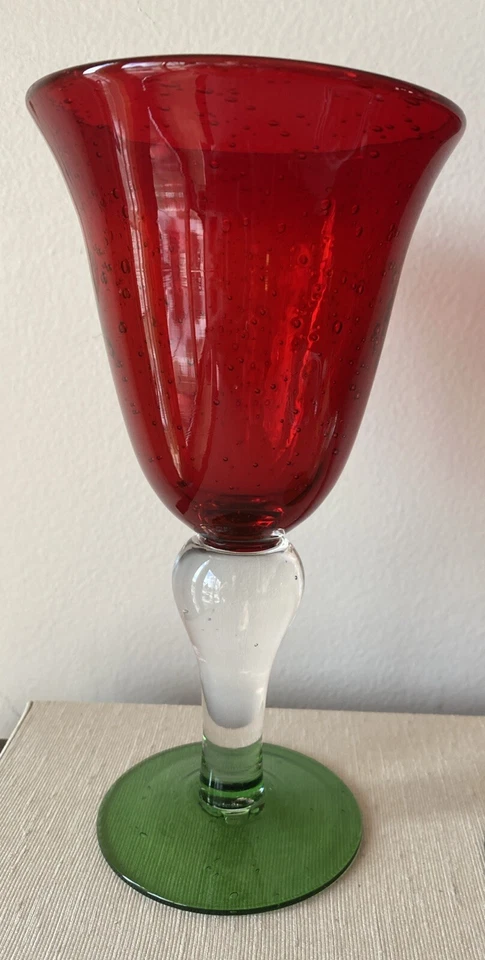 ARTLAND 2 Salute Ruby Red 8” Goblets Bubble Clear Stem Green Base Blown Glass - Image 3 of 4