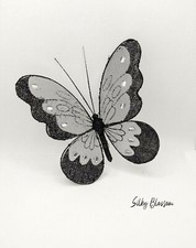 2 Gorgeous 6" Black glitter butterflies on clip with silver crystals hat, floral