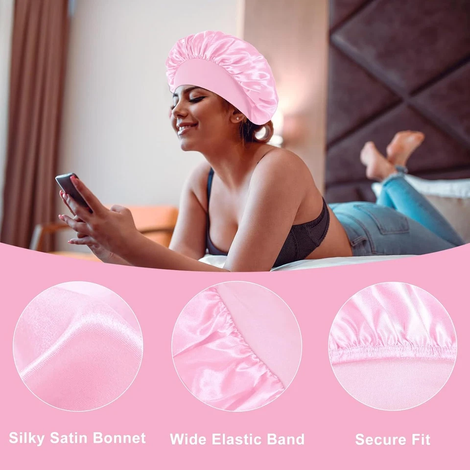 Women Satin Bonnet Night Sleep Cap Hair Hat Silk Head Cover Wide Elastic Band - Image 4 of 4