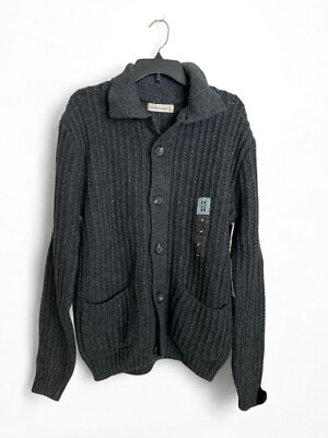 Men's Medium Cardigan Knit Sweater Button Front Charcoal Heather Pockets NEW