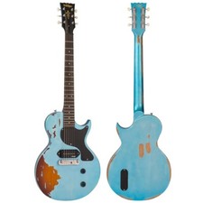 Vintage V120mrghb Icon Electric Guitar, Distressed Gun Hill Blue Over Sunburst