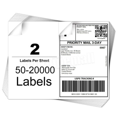 50-20000 8.5'' x 5.5'' Shipping Labels Half Sheets Blank Self Adhesive 2 Per Sheet