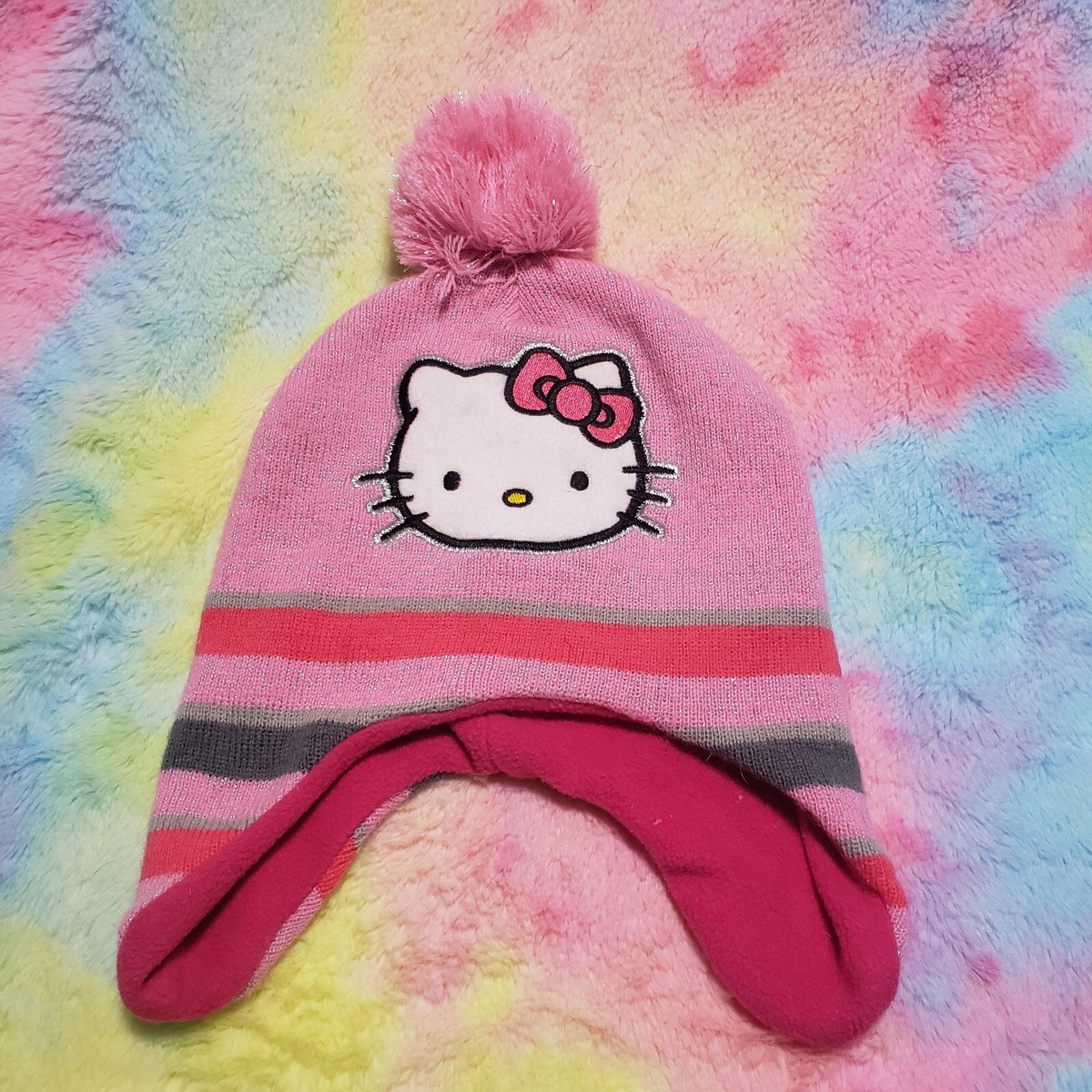Hello Kitty Winter Hat Beanie Pink Girls Youth One Size Pom