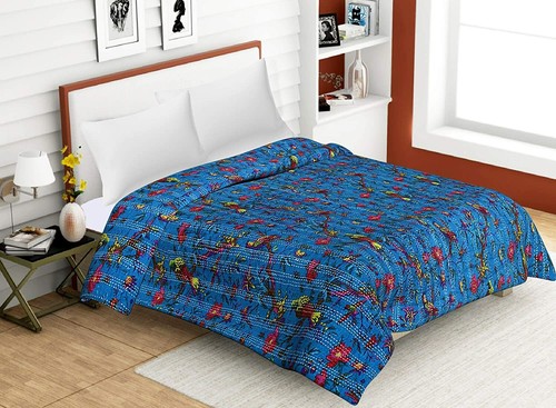 Blue Bird Print Vintage Cotton Quilt Blanket King Bedspread Kantha Throw 90x108 - Picture 1 of 5