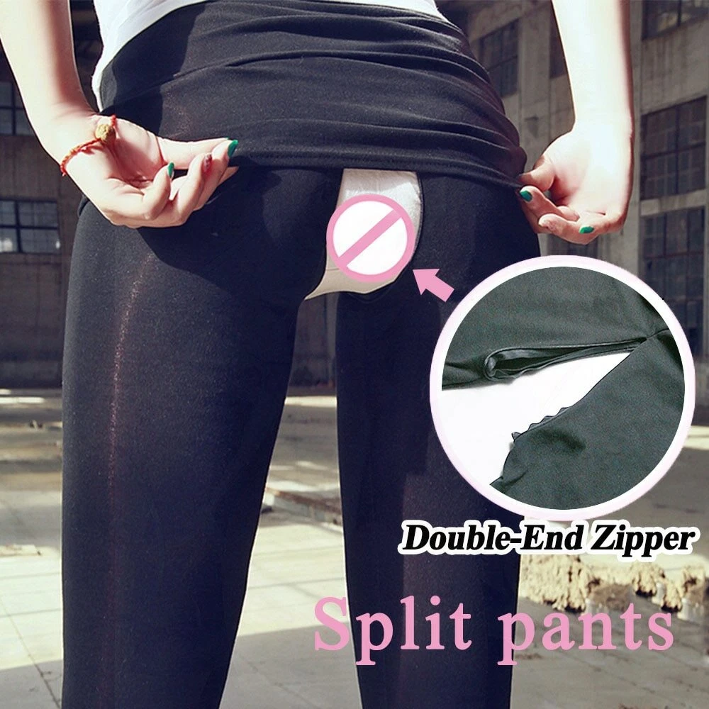 Outdoor Sex Pants Womens Clothes Open Crotch Zipper See Through