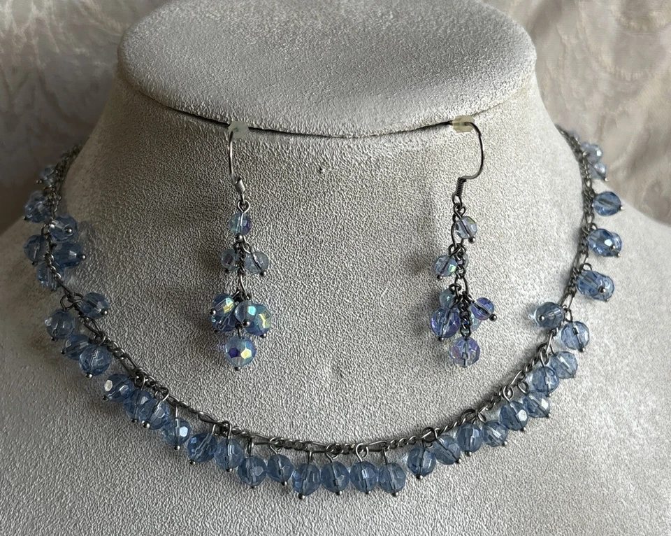 Pendientes Collar Lia Sophia Laguna Azul Aurora Borealis Cuentas Tono Plata Raro Foto 2 de 4