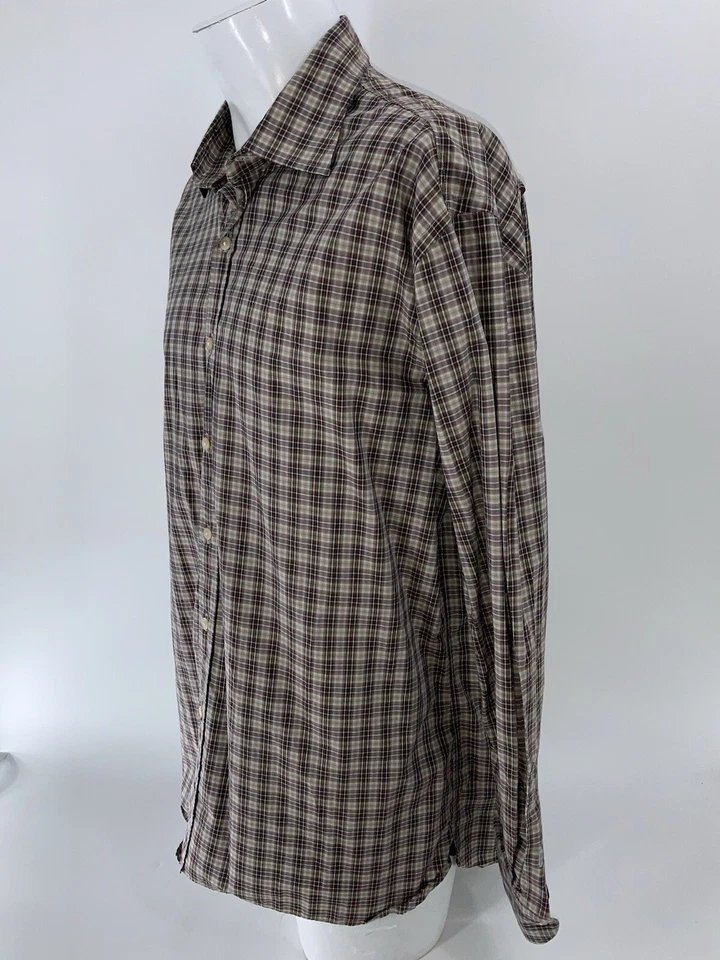 Hickey Freeman 纽扣衬衫男式 XL 棕色棕褐色格子棉罗马尼亚 YGI X4-13 — 第 4/4 张图片
