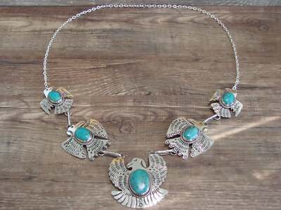 Navajo Indian Nickel Silver & Turquoise Eagle Link Necklace by Cleveland