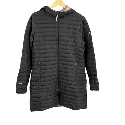 Eddie Bauer Down Parka Travex Jacket Black Hooded Long Coat 700 Fill Medium