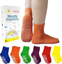 Toddler Grip Crew Socks With Grippers Boys Girls Kids 1-3/3-5/5-7T 6 Pairs