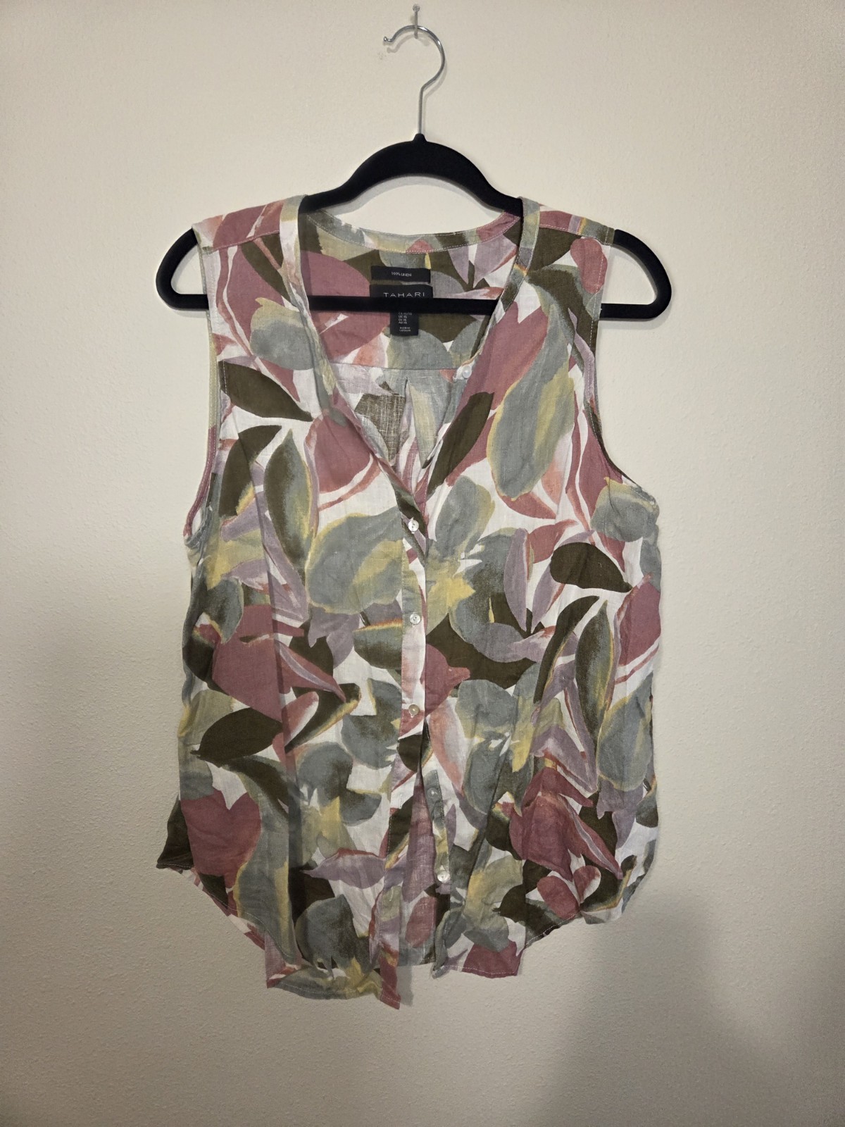 Tahari Multicolor 100% Linen Sleeveless Button V-Neck Floral Blouse Women's XL