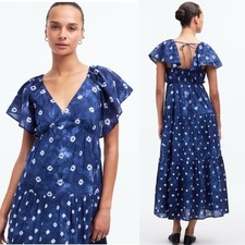 Madewell Tie-Back Flutter-Sleeve Tiered Midi Dress Blue Sz 2 Maxi Feminine Flowy