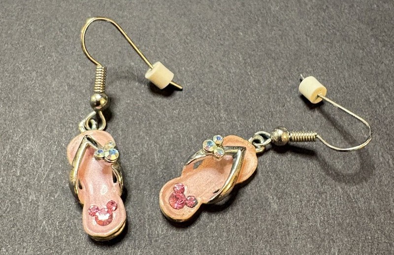 Pink Flip Flop Shoe Dangle/Drop Earrings French Wire Metal Enamel Rhinestone