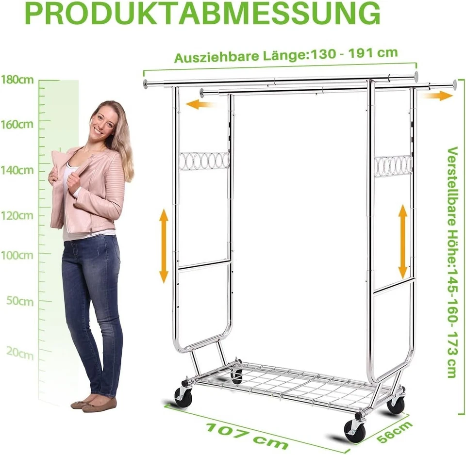 Doppelter Kleiderständer Stahl belastbar bis 272 kg Rollen garderobe - Bild 4 von 4