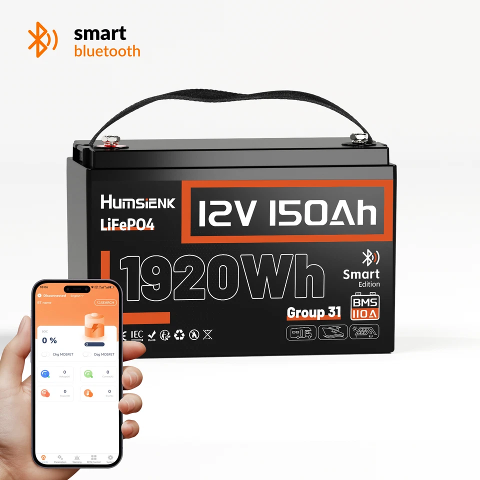 HUMSIENK LiFePO4 12V 150Ah Bluetooth Akku Lithium Batterie BMS 110A Wohnmobil Solaranlage