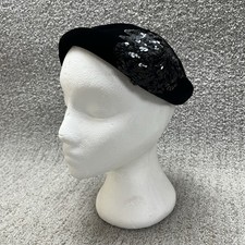 Vintage Black Velvet Sequin Hat Cocktail Half Hat Womens No Size Tag 40s 50s 60s