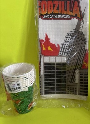 Vtg GODZILLA King Of Monsters Party Supplies Rare Lot Table Cloth Banner CUPS