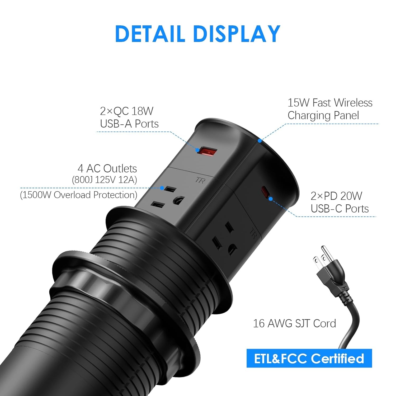 ANNQUAN 3.15" Pop Up Outlet with 15W Wireless Charger Max 20W Power Delivery NEW