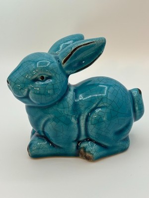 Porcelain Bunny Rabbit Ceramic Crackled Glaze Teal Aqua Blue Figurine Pottery 5''