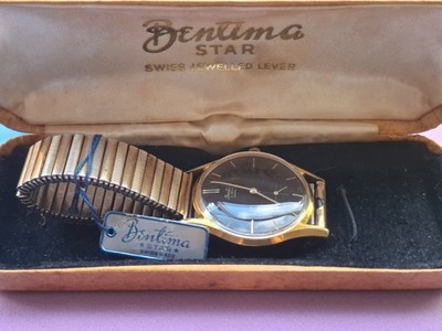 Vintage Bentima Star 17 Jewels Swiss Mechanical Watch BLACK DIAL Box & Papers