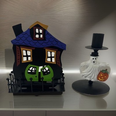 VTG Haunted House Tea Lite Holder Paired w/Ghost Candle Holder Painted Metal
