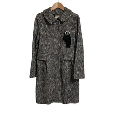 LANVIN en Bleu Tweed Coat with Corsage, Size 36, Black and White Women USED