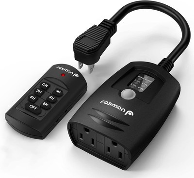 Fosmon Outdoor Light Timer Outlet with Remote Control, Waterproof Dusk Black 
