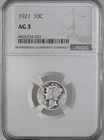 1921-P 10C MERCURY SILVER DIME PHILADELPHIA MINT  NGC AG3  #8405234-033