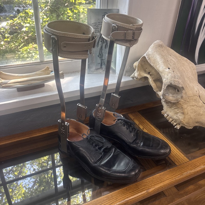 Set Of Orthopedic Leg Braces- Metal Frame w/ Foot Traits Shoes Mens 10 1/2 E