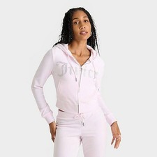 Juicy Couture Bling Front Hoodie Light Pink Velour Size M y2k Zip Up Rhinestone