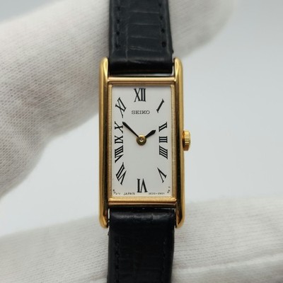 Seiko ''Tank'' Style Ladies Gold Tone w/ White Dial Quartz Watch 2E20-6129