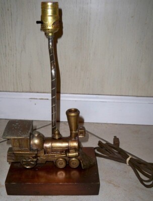 Vintage Railroad Steam Train Plated Antique Model Table Lamp Wood Base 13'' Tall