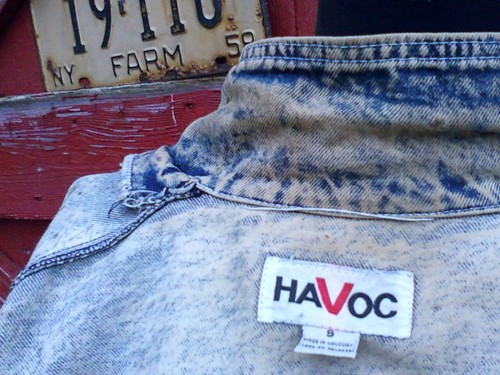 Vintage HAVOC Acid Wash Denim Jacket Leather Fringe S - Picture 5 of 6