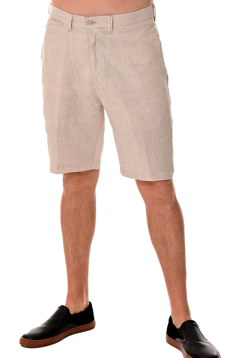 Bohio Mens Linen Blend Bermuda Shorts- Natural Flat-Front Casual (32~42)-MLH40C