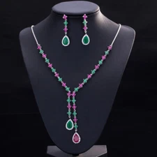 Lady Silver Plated Long Chain Necklace Earrings CZ Flower Water Drop Jewelry Set