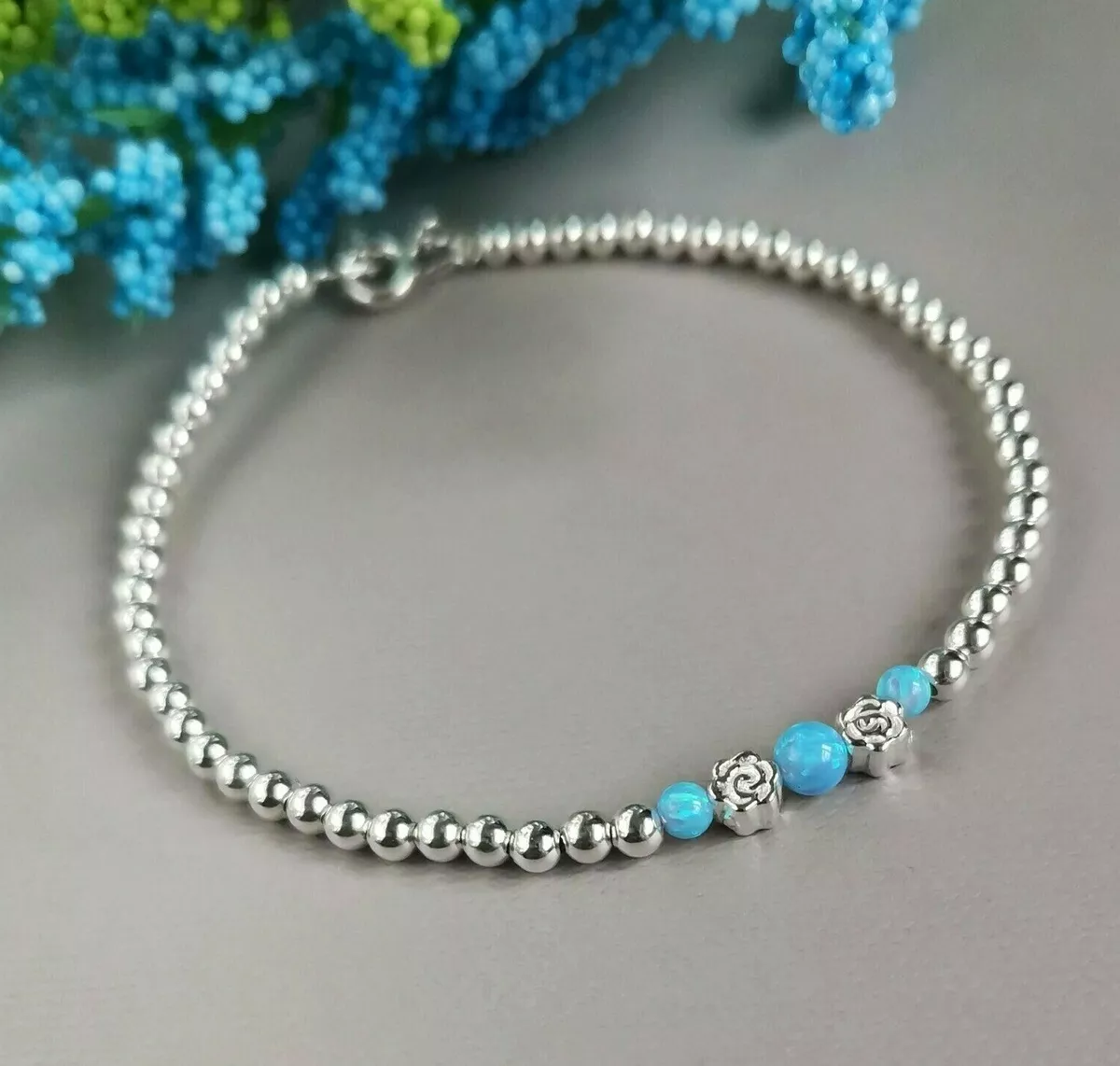 OPAL Bracelet 925 Sterling Silver blue opal silver Rose beads Birthday gift
